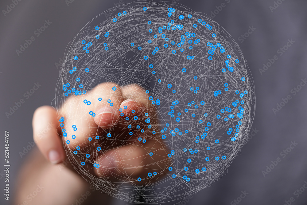 Poster abstract image of a hand interacting with a digital global network. represents connection, technolog