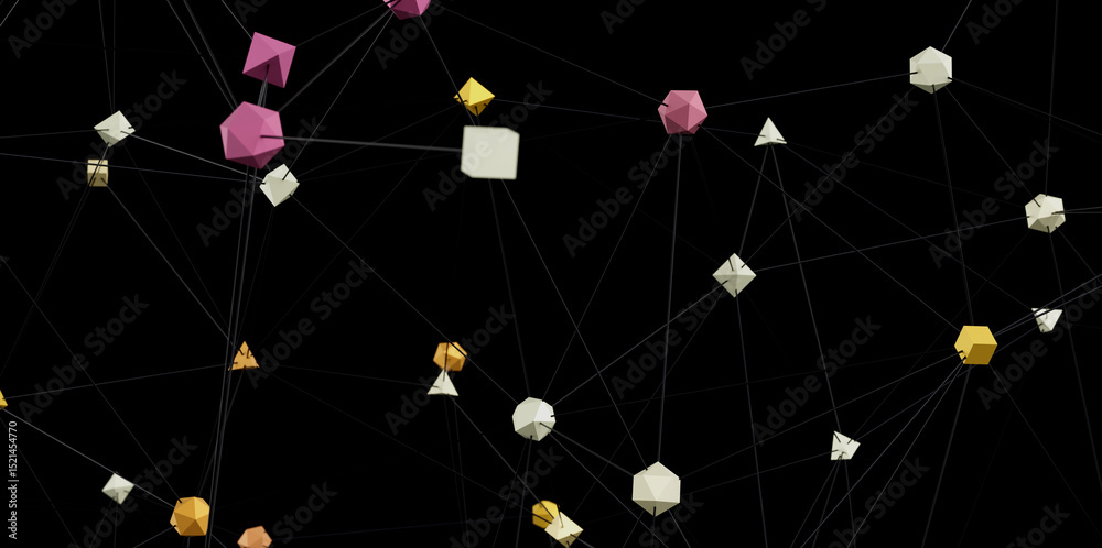 Poster 3d render of interconnected geometric shapes, ideal for network, technology, or connection concepts.