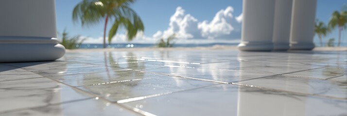 Fototapeta premium glossy ceramic tile surface with soft tropical beach blur behind