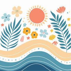 Vector shapes in simple floral wavy and groovy naive style, ocean and vacation theme, flowers and plants, floral botanic hand drawn design templates, modern art prints, surface