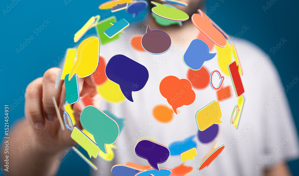 Poster Abstract image of colorful speech bubbles forming a sphere, symbolizing global communication and connection.