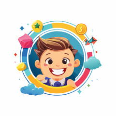 Vector logo design template and graphic elements for advertising; branding; posters and banners; funny cartoon illustrations with smiling character and mascot; abstract stickers and line