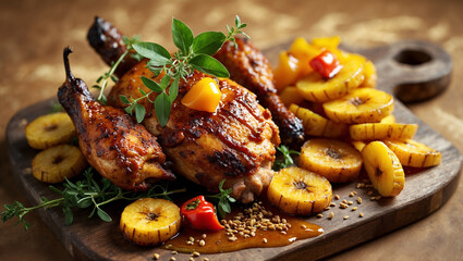 A Jamaican jerk chicken with plantains