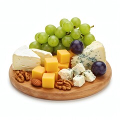 Mini cheese board with assorted cheeses, green and purple grapes, few nuts