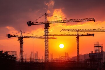 Tower cranes lifting massive steel beams at sunset, urban construction zone