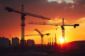 Tower cranes lifting massive steel beams at sunset, urban construction zone