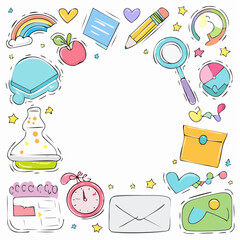 Vector set of stickers, scribbles and doodles in simple linear hand drawn style with copy space, minimal monoline design elements for posters, social media, print, banners.