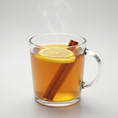 Herbal tea in a transparent glass mug with lemon slice, cinnamon stick