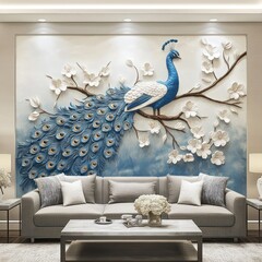 3D peacock wall mural in living room