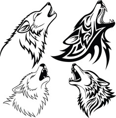 Four stylized howling wolf heads in black and white