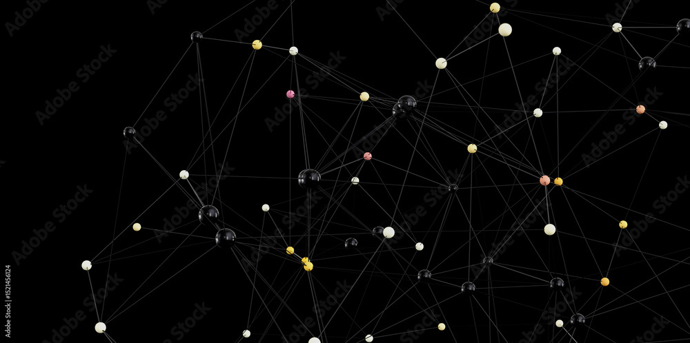 Poster 3d render of interconnected nodes. great for tech, network, and connection concepts.