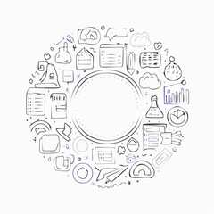 Vector set of stickers, scribbles and doodles in simple linear hand drawn style with copy space, minimal monoline design elements for posters, social media, print, banners.