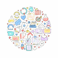 Vector set of stickers, scribbles and doodles in simple linear hand drawn style with copy space, minimal monoline design elements for posters, social media, print, banners.