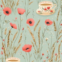 Elegant seamless pattern with the beautiful red poppy, tea cups, wheats and tiny leaves	