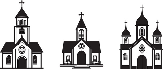 Church Buildings Icon Set A collection of flat black vector illustrations representing various church structures in a simple design.