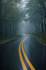 Fototapeta premium driving through the forest road in the fog