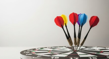 Several colorful darts stuck in the bullseye of a dartboard. Success in business or sports achievement concept.