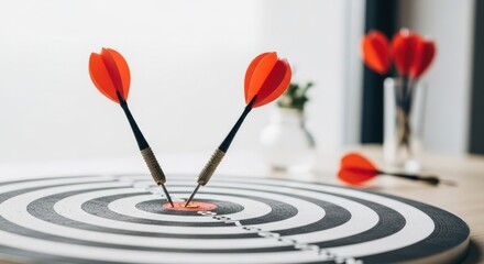 Two red darts hit the bullseye of a target, symbolizing success. Achieved goals concept with precision and accuracy.