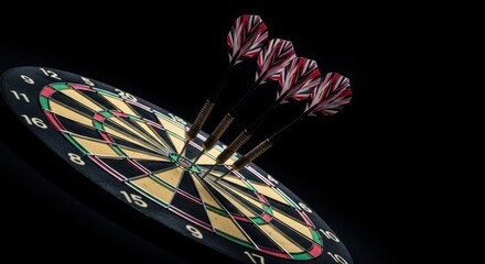 Three darts hit bullseye on a dartboard. Concept of achievement and goal success. Perfect for sports and hobby designs.