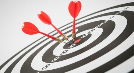 Three red darts stuck in a black and white target board, hitting near the red bullseye center. Concept of success, business strategy, goal achievement.