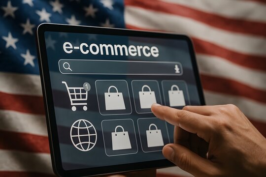 A hand interacts with a tablet screen displaying an "e-commerce" search bar and shopping-related icons, set against the backdrop of an American flag, representing digital commerce and online shopping.