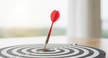 Red dart pin hit bullseye on dartboard, concept of accurate target achievement and successful business strategy