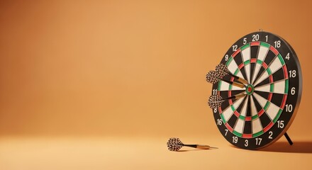 Darts board with multiple darts stuck in the target area and one dart on the floor, on a solid background layout. Board game.