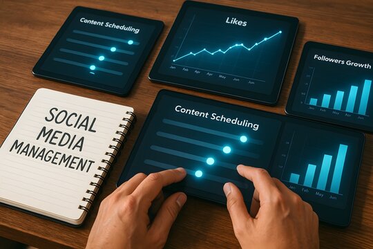 An eye-level shot highlights the key role of social media management in shaping the digital world. A notebook titled "Social Media Management" sits front and center. - Powered by Adobe