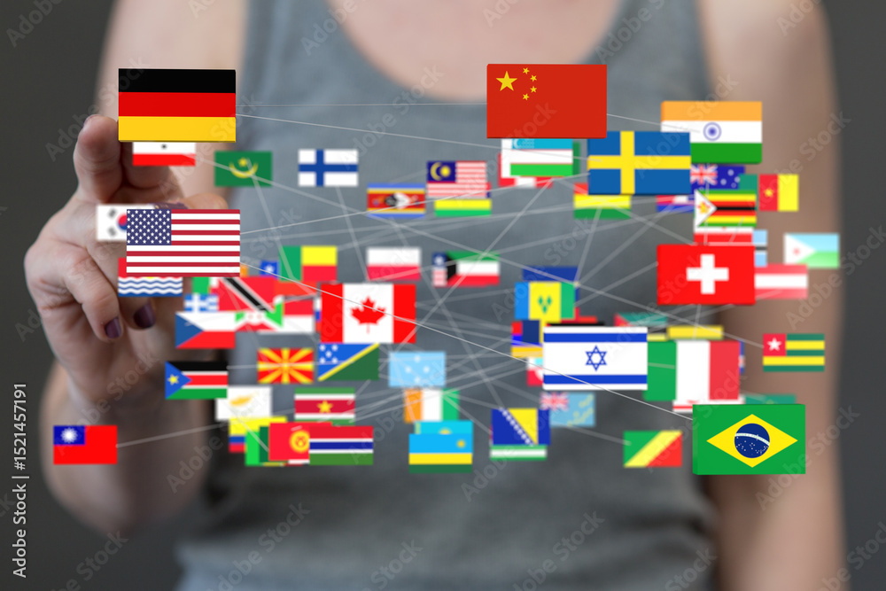 Aufkleber A hand interacts with a network of flags, representing global connections and international relations.