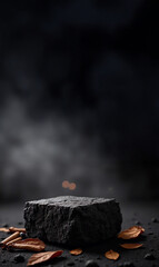 Black Charcoal Stone with Autumn Leaves on Dark Smoky Background