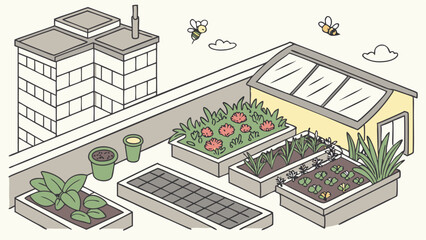 Isometric rooftop garden with building, greenhouse, plants, flowers, solar panel and flying bees above
