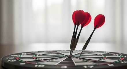 Three red darts stuck in the bullseye of a dartboard, symbolizing success and accuracy. Target achievement concept.
