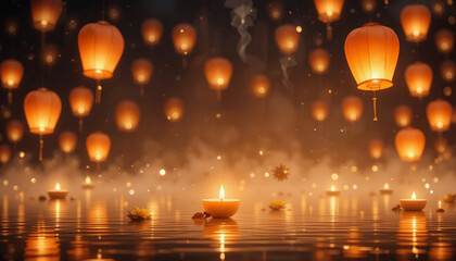 Serene Floating Lanterns and Candles on Water with Misty Background