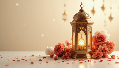 Elegant Lanterns with Warm Light and Rose Petals on Soft Background