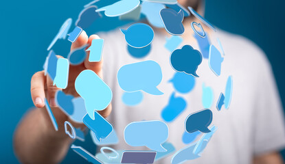 Person interacts with a sphere of digital speech bubbles, representing global communication and...
