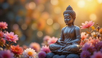 Serene Buddha Statue Surrounded by Colorful Flowers and Soft Light