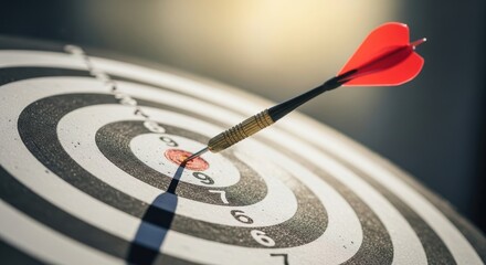 Red dart hitting the bullseye on a dark board, illustrating business success and achieving goals. Concept of accuracy, focus, and strategic victory for marketing campaigns.