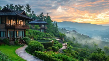 Obraz premium A serene mountain landscape with a wooden house and a swimming pool at sunset, surrounded by lush greenery and misty mountains.
