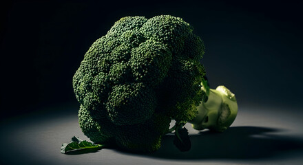 Artistic Still Life Captures A Fresh Green Broccoli Head On Dark Surface
