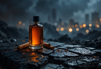 Mysterious Fragrance Bottle with Cinnamon Sticks on Dark Urban Setting