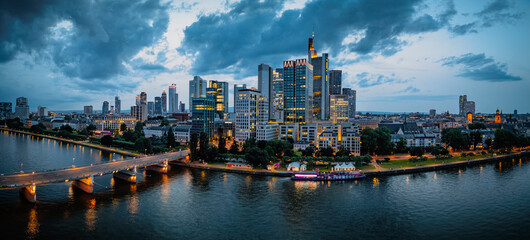 Aerial panorama of Frankfurt am main in the evening
