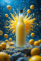 Vibrant Citrus Drink Bottle Surrounded by Splashes and Fresh Oranges
