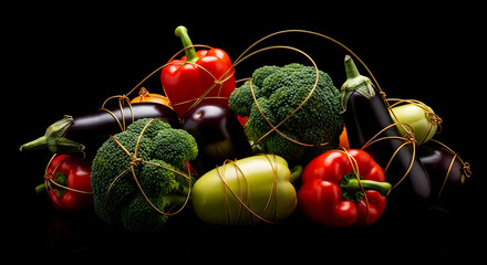 Dramatic Arrangement Of Various Vegetables With Gold String On Black Backdrop