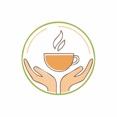 Vector abstract logo design template in trendy linear minimal style - hands with coffee cup - emblem and badge for coffee shops and cafes