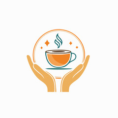 Vector abstract logo design template in trendy linear minimal style - hands with coffee cup - emblem and badge for coffee shops and cafes