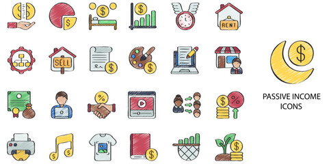 Passive income simple concept 24 hand drawn color icons set .Vector illustration.