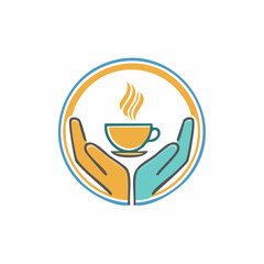Vector abstract logo design template in trendy linear minimal style - hands with coffee cup - emblem and badge for coffee shops and cafes
