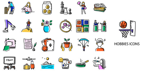 Fototapeta premium Hobbies simple concept 24 hand drawn color icons set .Vector illustration.