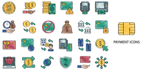 Payment simple concept 24 hand drawn color icons set .Vector illustration.