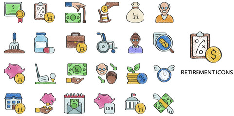 Retirement simple concept 24 hand drawn color icons set .Vector illustration.